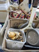 A quantity of vintage tennis racquets, two stoneware flagons, a large pottery jardiniere,