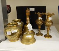 A pair of enamel brass Eastern vases,