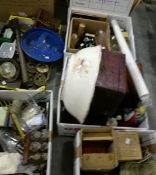 Various items including microscope, test tubes, ceramic figures, wooden boxes, etc.