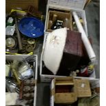 Various items including microscope, test tubes, ceramic figures, wooden boxes, etc.