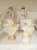 A pair of continental bisque figures of a gentleman and his lady, both dressed in lilac, 32cm high,