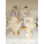A pair of continental bisque figures of a gentleman and his lady, both dressed in lilac, 32cm high,