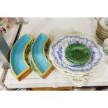 A pair of majolica basketware dishes and a set of Victorian 'Windsor Festoon' pattern plates and