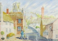 Alex Adams (20th century) Watercolour Village scene with church in background,