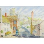 Alex Adams (20th century) Watercolour Village scene with church in background,