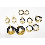 A pair of gold-coloured and elephant hair drop earrings modelled as concentric hoops, marked 18ct,