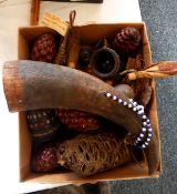 A quantity of small beaded gourd containers on chains, seed pods, pair of Meru,