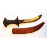 Three small African daggers with carved wooden handles and leather scabbards and two straight