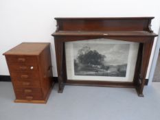An Edwardian mahogany overmantel/sideboard back with engraved scene of horse and cart to back and a