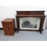 An Edwardian mahogany overmantel/sideboard back with engraved scene of horse and cart to back and a