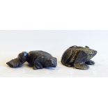 A carved green hardstone naive model of a frog and another carved model of a frog,