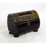 A 19th century papier mache tea caddy having domed top, with gilt and green painting,