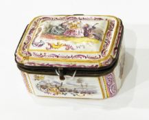 A Lille enamel trinket box painted with scene of 18th century figures holding musical instruments,
