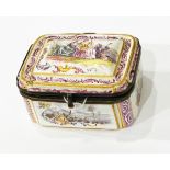 A Lille enamel trinket box painted with scene of 18th century figures holding musical instruments,