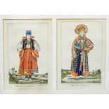 After Marianne Benois (Russian 20th century) Pair of costume designs handcoloured prints Signed and