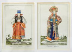 After Marianne Benois (Russian 20th century) Pair of costume designs handcoloured prints Signed and