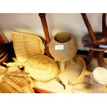 A quantity of African wooden household items including spoons, vessels, pestles,