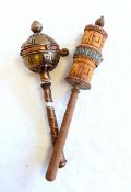 Two prayer wheels, carved stone model of Rama and Sita (af),