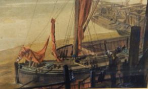 Sidney C Upton (20th century) Watercolour Dockside worker on barges, signed and dated 40 upper left,