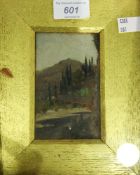 Unattributed Oil on board Cypress trees on mountainous landscape,