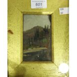 Unattributed Oil on board Cypress trees on mountainous landscape,