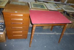 A Schreiber narrow teak chest of six drawers and a 1950's red formica-topped table