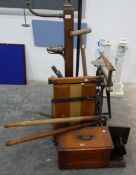 A Hobbies jigsaw, a Singer sewing machine in wooden carrying case and various other tools, etc.