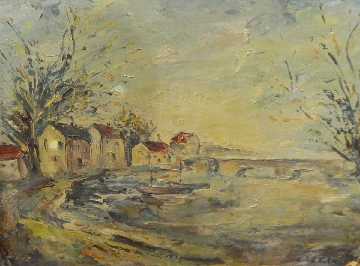 Continental school (20th century) Oil on board French river scene with boats and bridge,