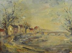 Continental school (20th century) Oil on board French river scene with boats and bridge,
