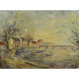 Continental school (20th century) Oil on board French river scene with boats and bridge,