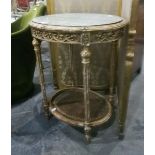 An oval gilt two-tier side table with faux-marble top,