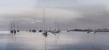 David Willis Watercolour Yachts on swinging moorings,