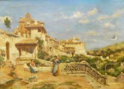 After Trevor Haddon (1864-1941) Oil on canvas Mediterranean scene with figures standing in a garden