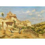 After Trevor Haddon (1864-1941) Oil on canvas Mediterranean scene with figures standing in a garden