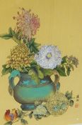 Chinese school (20th century) Pair watercolours on silk Jardiniere on stand with flowers and jar