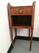 A pair of 20th century walnut veneered side tables with faux marble tops,