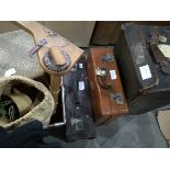 Various items including wicker clad flagon, records, Ashford weavers loom, canvas campaign bed,