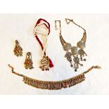 An Indian metal, jade and turquoise necklace and earrings,