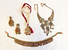 An Indian metal, jade and turquoise necklace and earrings,