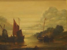 Unattributed (19th century) Oil on canvas River scene with boats and windmill in the manner of