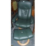 A faux-green leather office chair with footstool