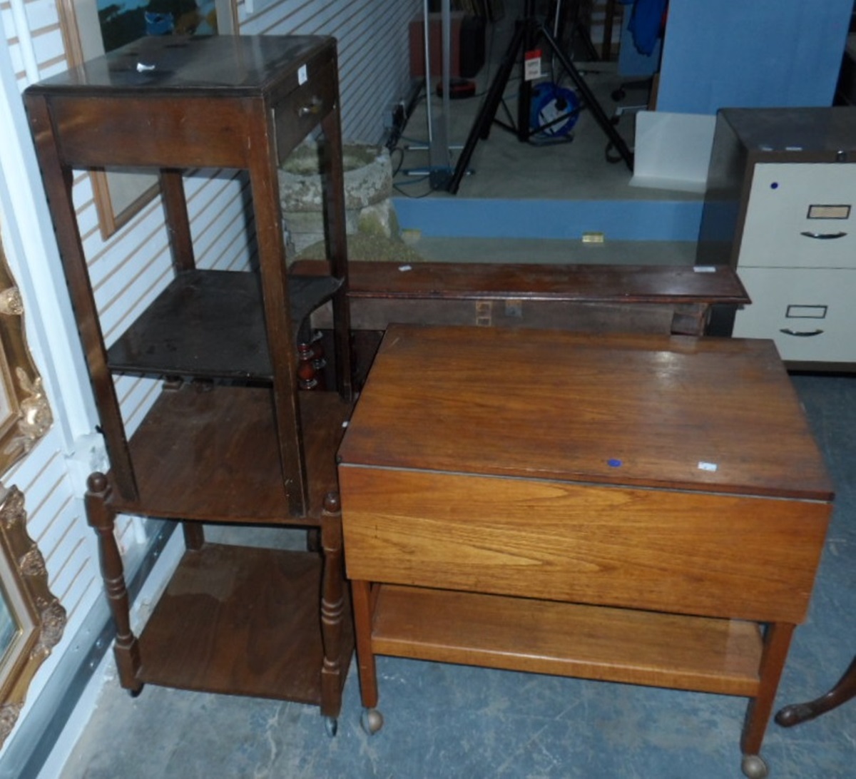 A side table with single frieze drawer with under-shelf and two tea trolleys