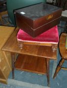 A Remy Martin Cognac writing box footstool and a two-tier table