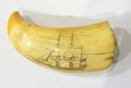 Scrimshaw engraved with sailing yacht, whale and smaller boat,