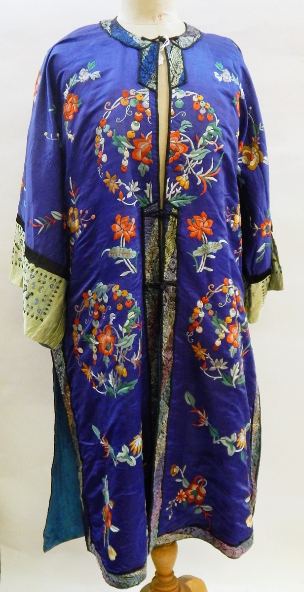 A Chinese silk robe in deep midnight blue,