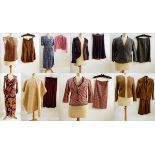 A Louis Feraud brown silk skirt, blouse and matching quilted jacket,