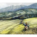 Oriental school Watercolours Farm workers walking through field with hills in background,