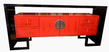 A Chinese lacquer sideboard with red mid section,