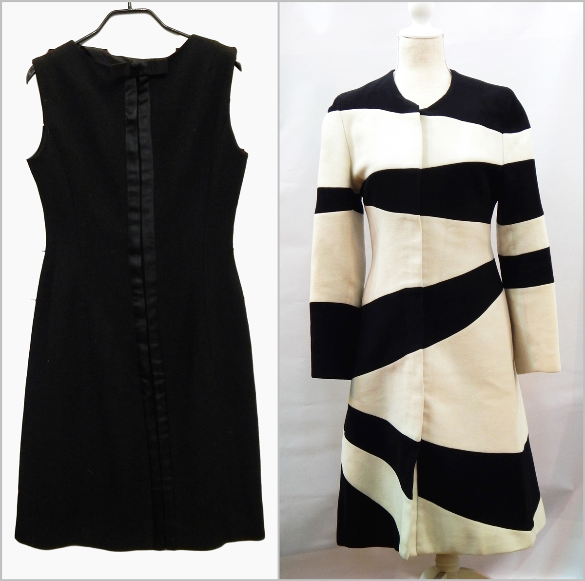 A 1960's style black wool shift cocktail dress with a Jasper Conran black and white striped wool