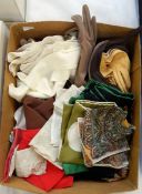 Various vintage gloves including silk and kid and handkerchiefs (1 box)